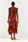 Red Forest Birds Belted Maxi Dress