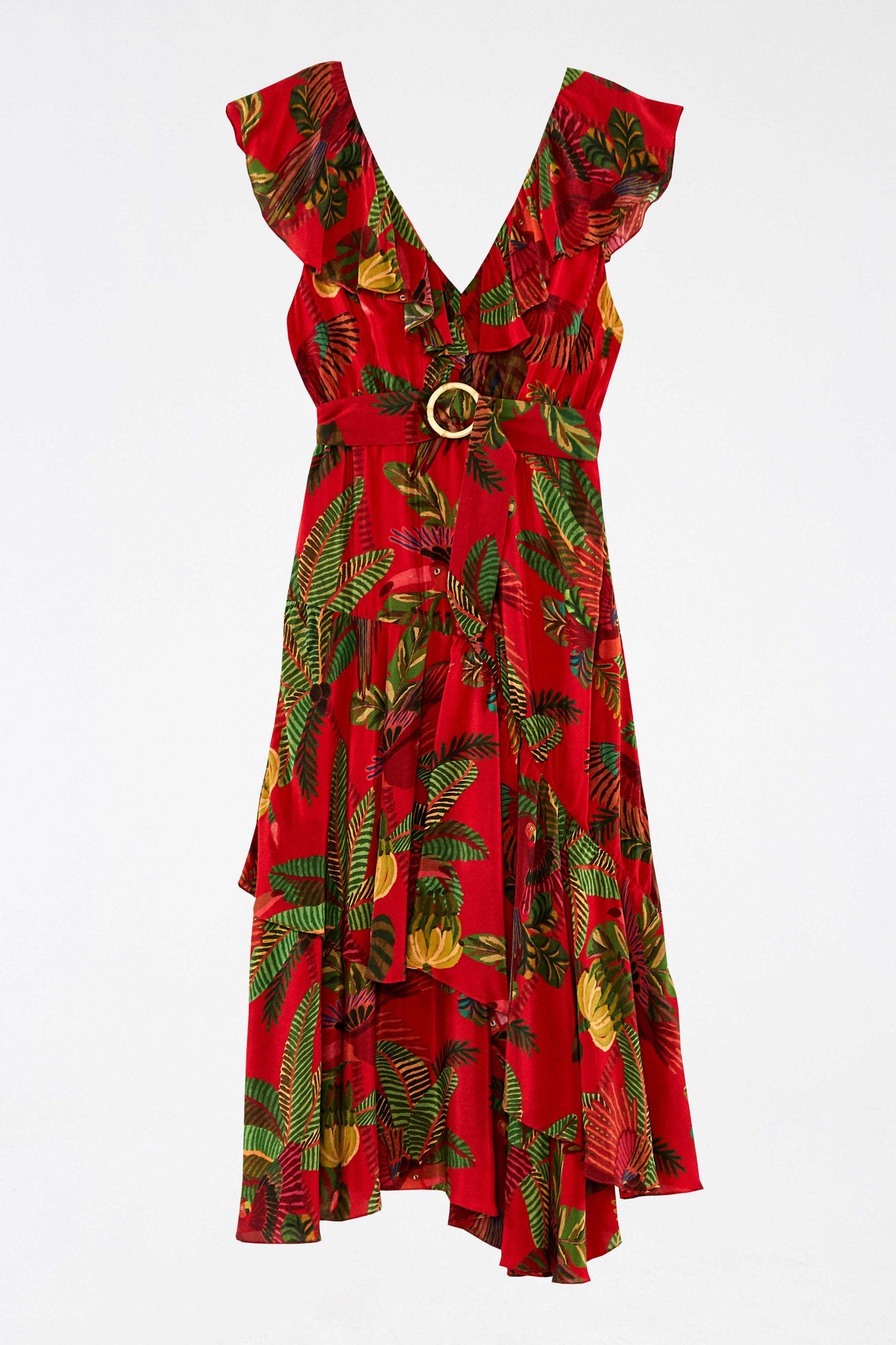 Red Forest Birds Belted Maxi Dress